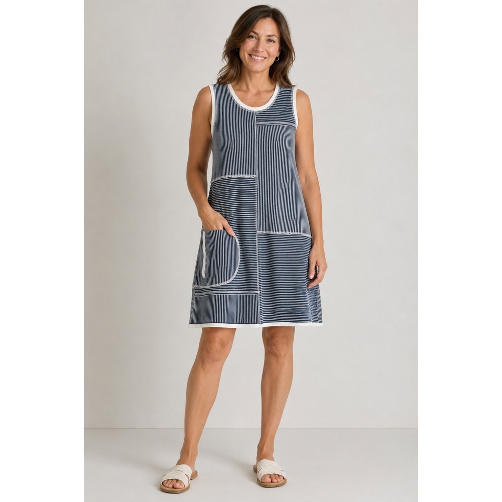 Simply Art by Dolcezza Striped Patchwork Sleeveless Shift Dress Blue White S